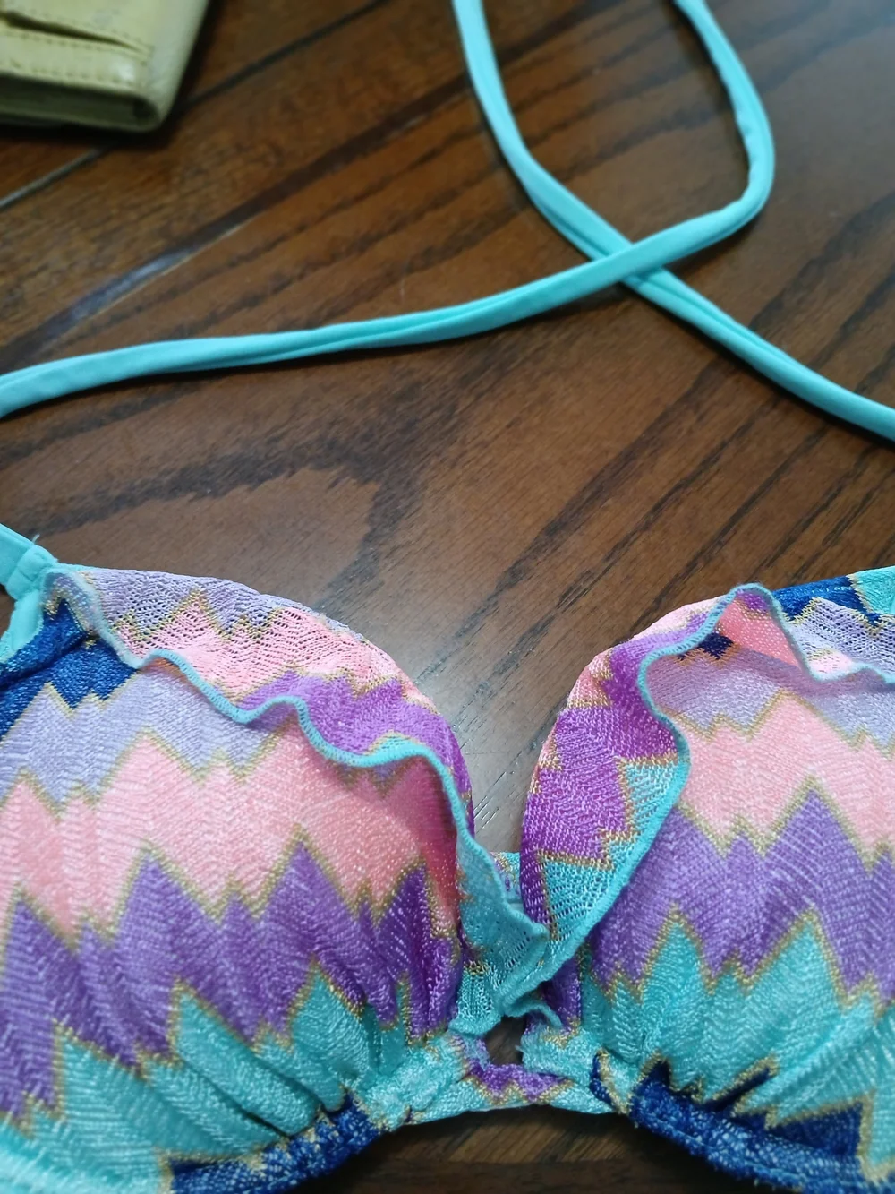 Victoria's Secret Chevron Ruffle Halter Bikini Top in Aqua, Pink & Purple